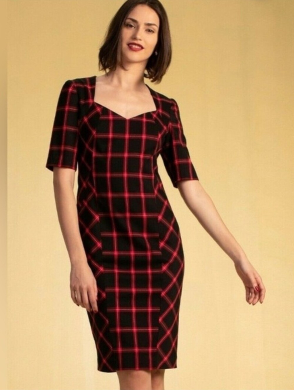 Trina Turk Black Dress with Red Windowpane Plaid - Size 16